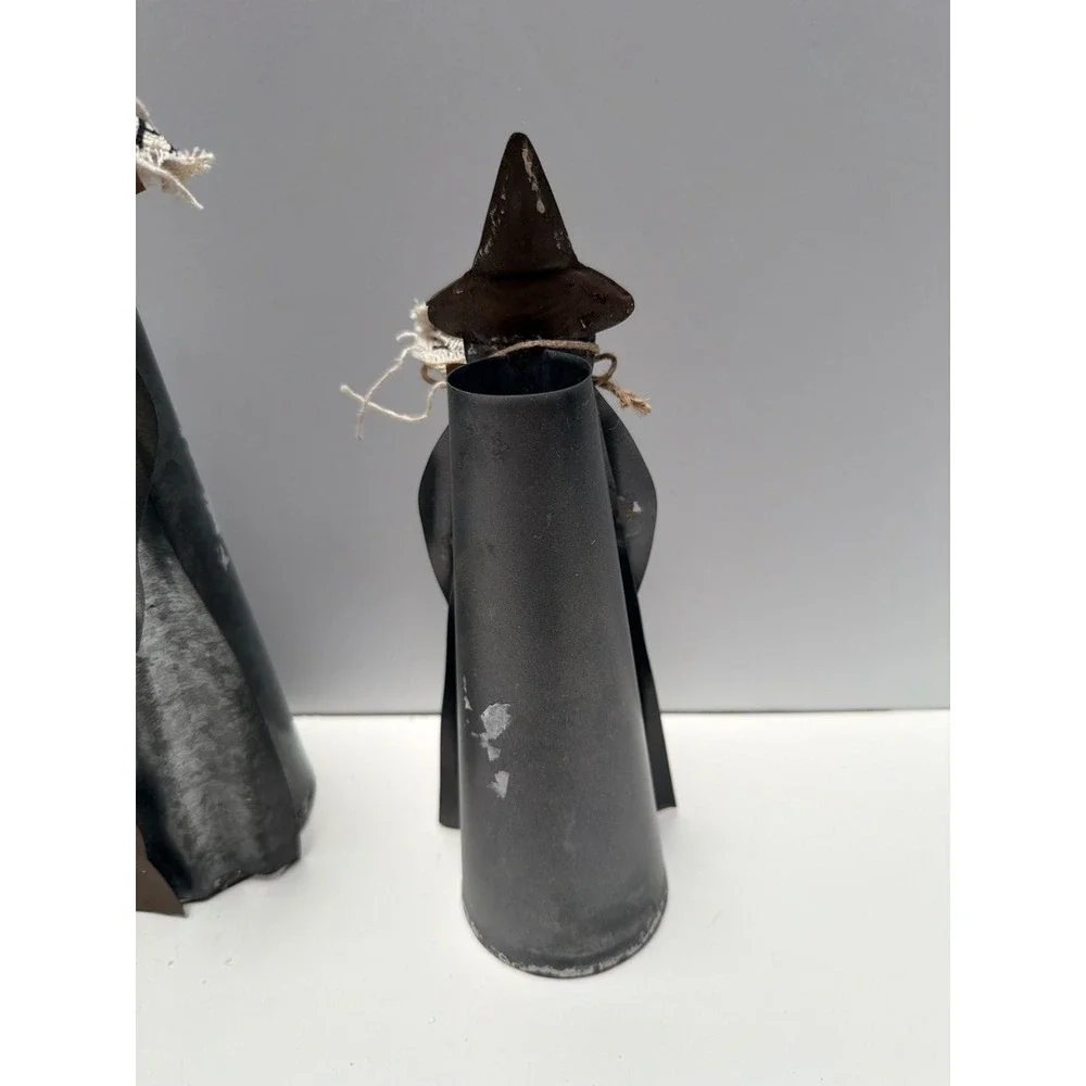 Mud Pie Set of 2 Galvanized Metal Halloween Witch Figures with Broom and‎ Cat